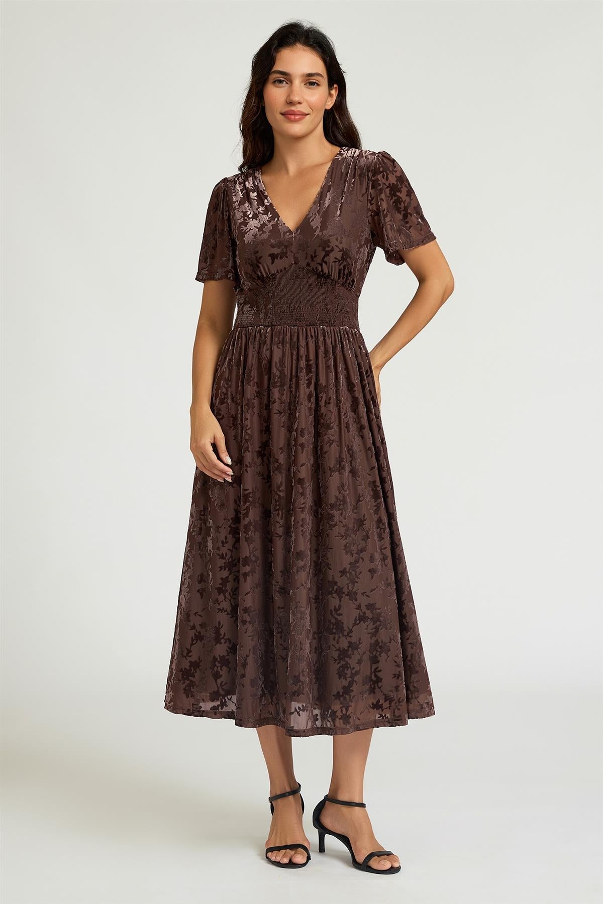Brown Velvet Burnout V-Neck Angel Sleeve Midi Dress FS955