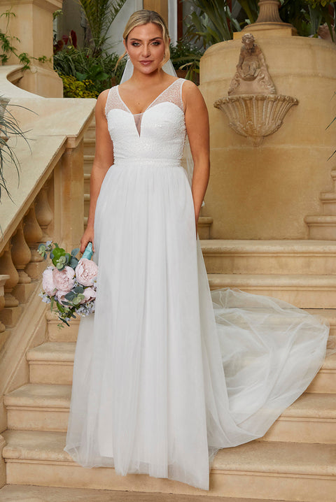 Sequin Bodice Tulle Maxi Wedding Dress In White by Chi Chi