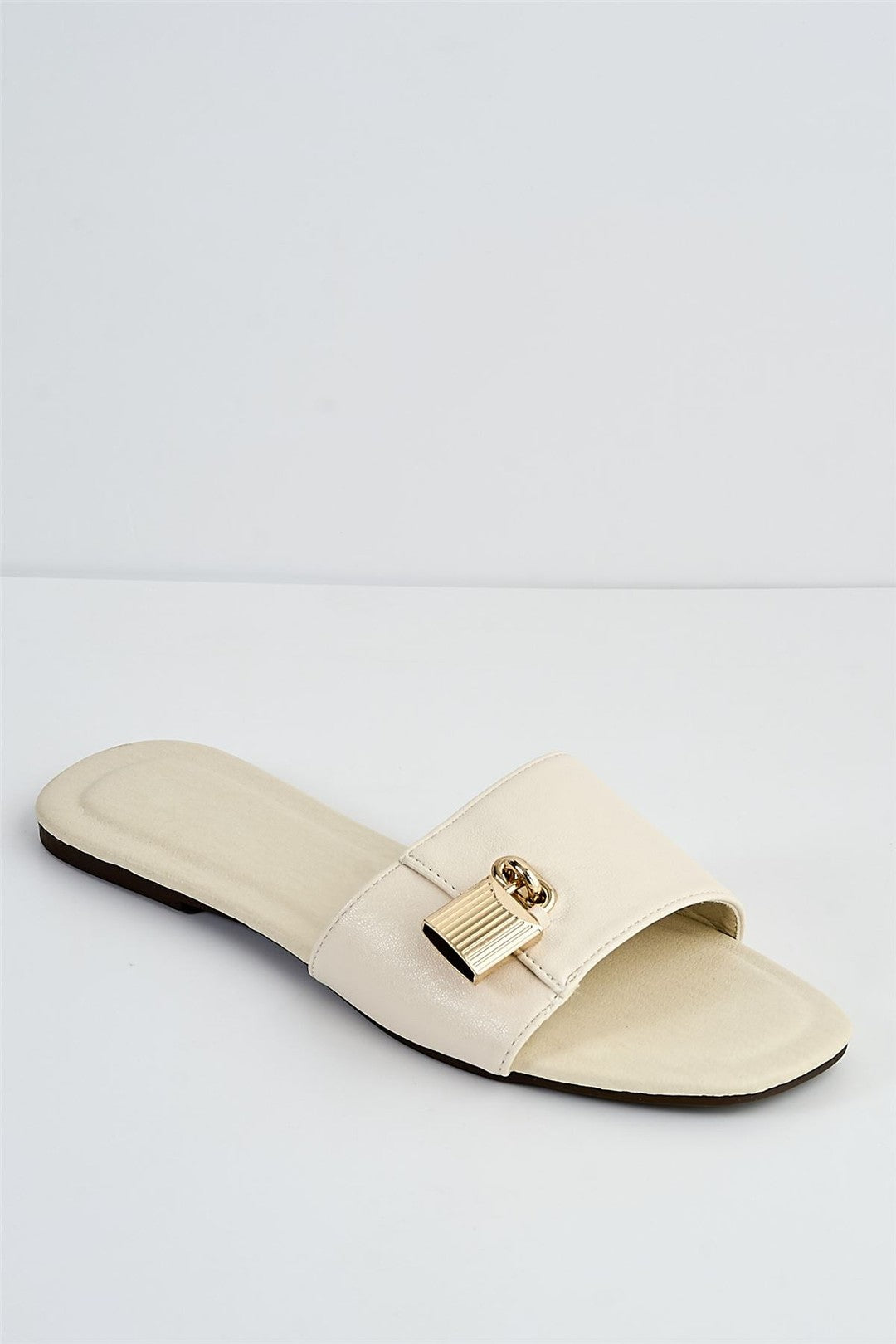 Marilyn Gold Lock Detail Band Flat Sliders In Cream BYD2-CRE
