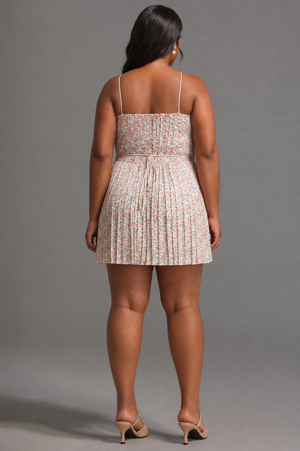 Modan Romantic Cinched Sleeveless Floral Print Pleated Woven Mini Dress C260400059