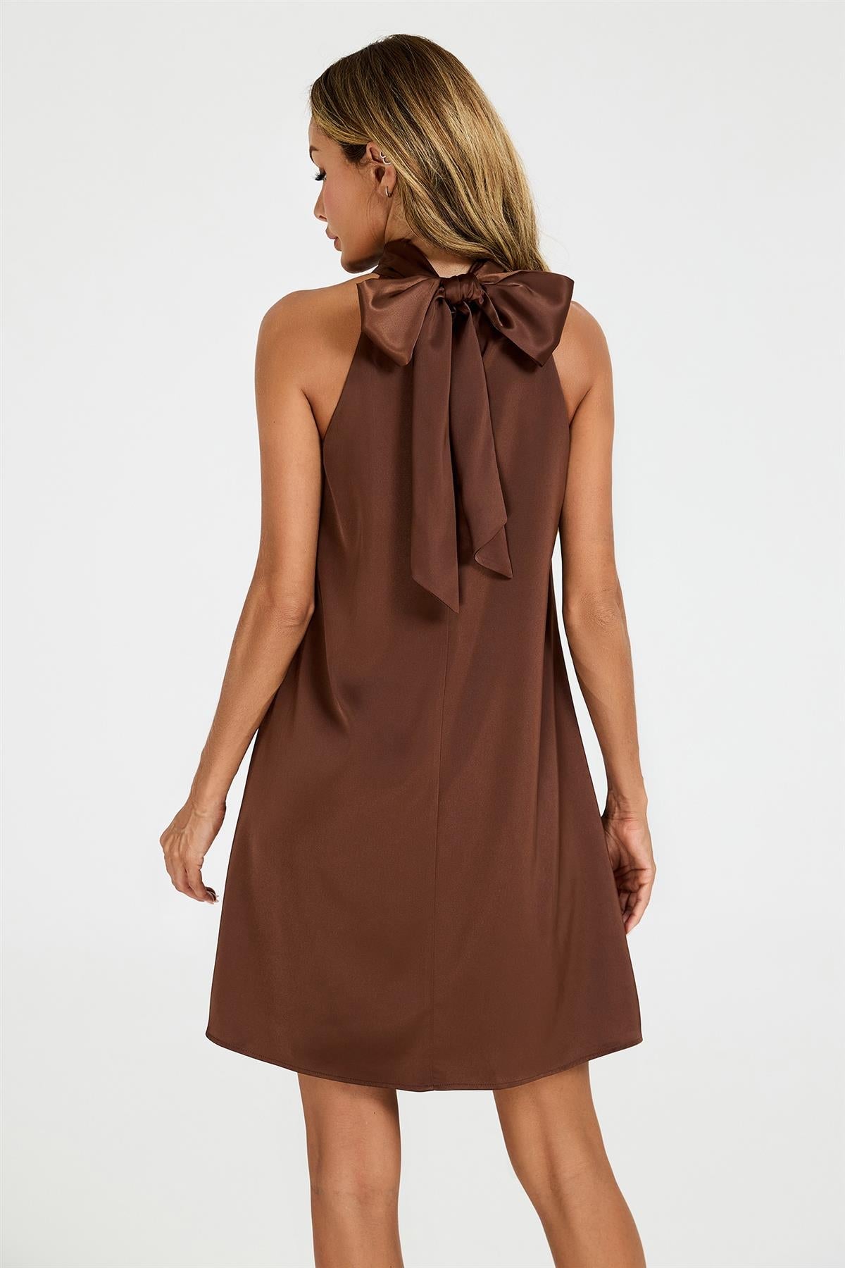Satin Halter Neck Tie Back Mini Dress In Brown FS969