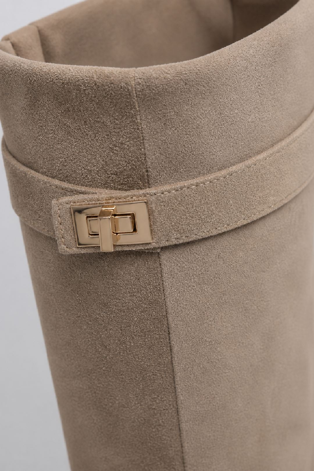 Isley Round Toe Gold Trim Buckle Fold Over Knee High Boots In Taupe Suede WISPA15-TAUSU