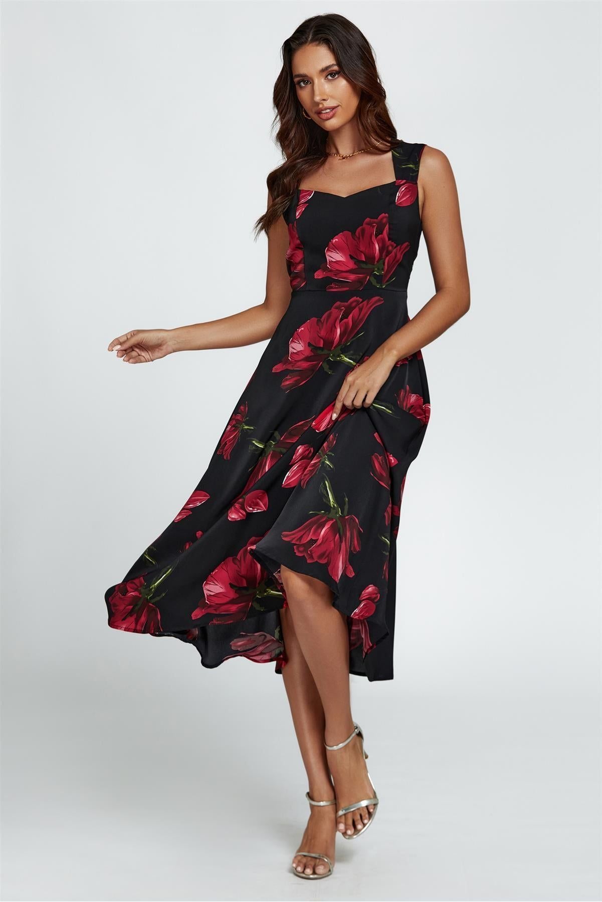 Floral Print Heart Neck Midi Dress In Black FS399-RedFloral