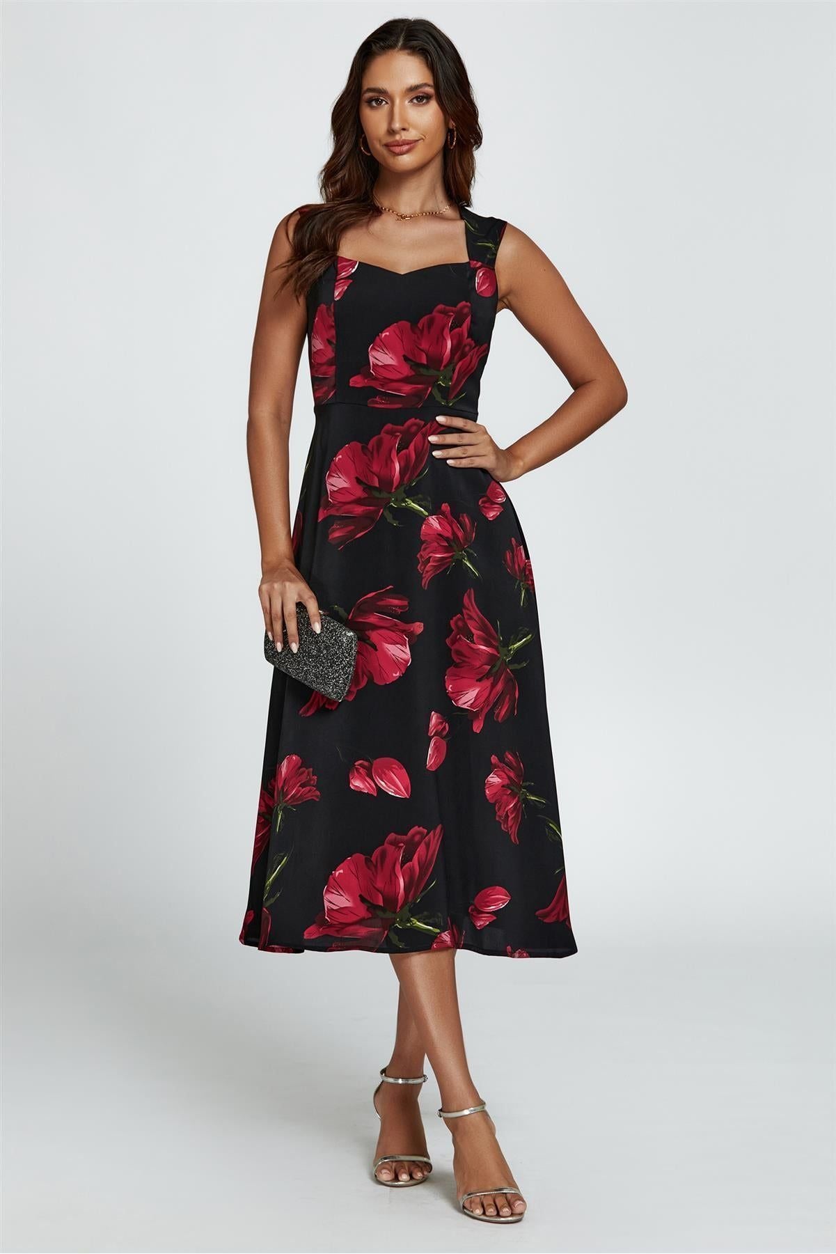 Floral Print Heart Neck Midi Dress In Black FS399-RedFloral