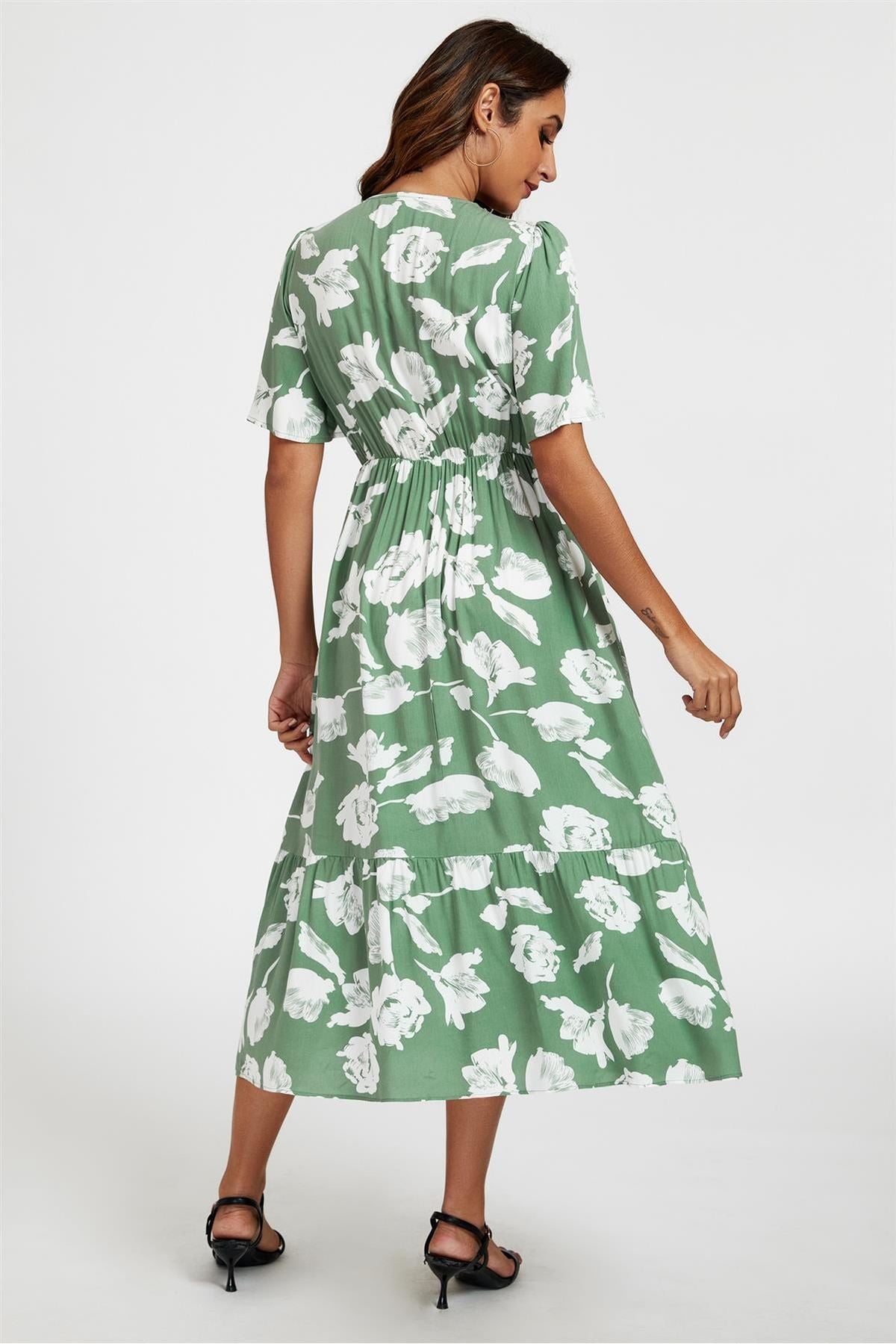 White Floral Print Lace Detail Angel Sleeve Midi Dress In Green FS661-GW