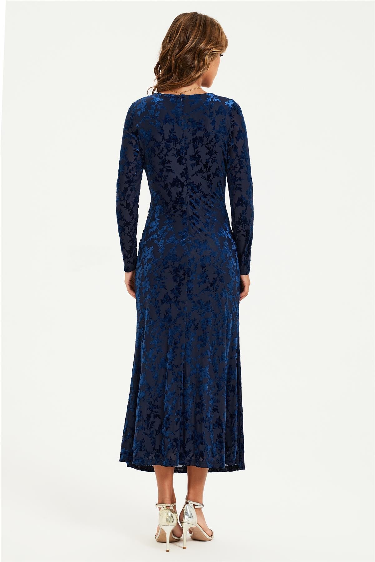 Floral Velvet Devore Long Sleeve Wrap Midi Dress In Navy FS902-NVF