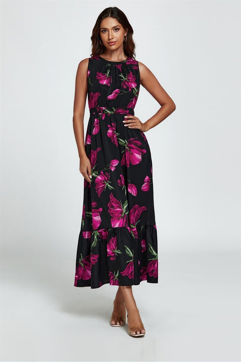 Floral Print Halterneck Maxi Dress In Black by FS Collection
