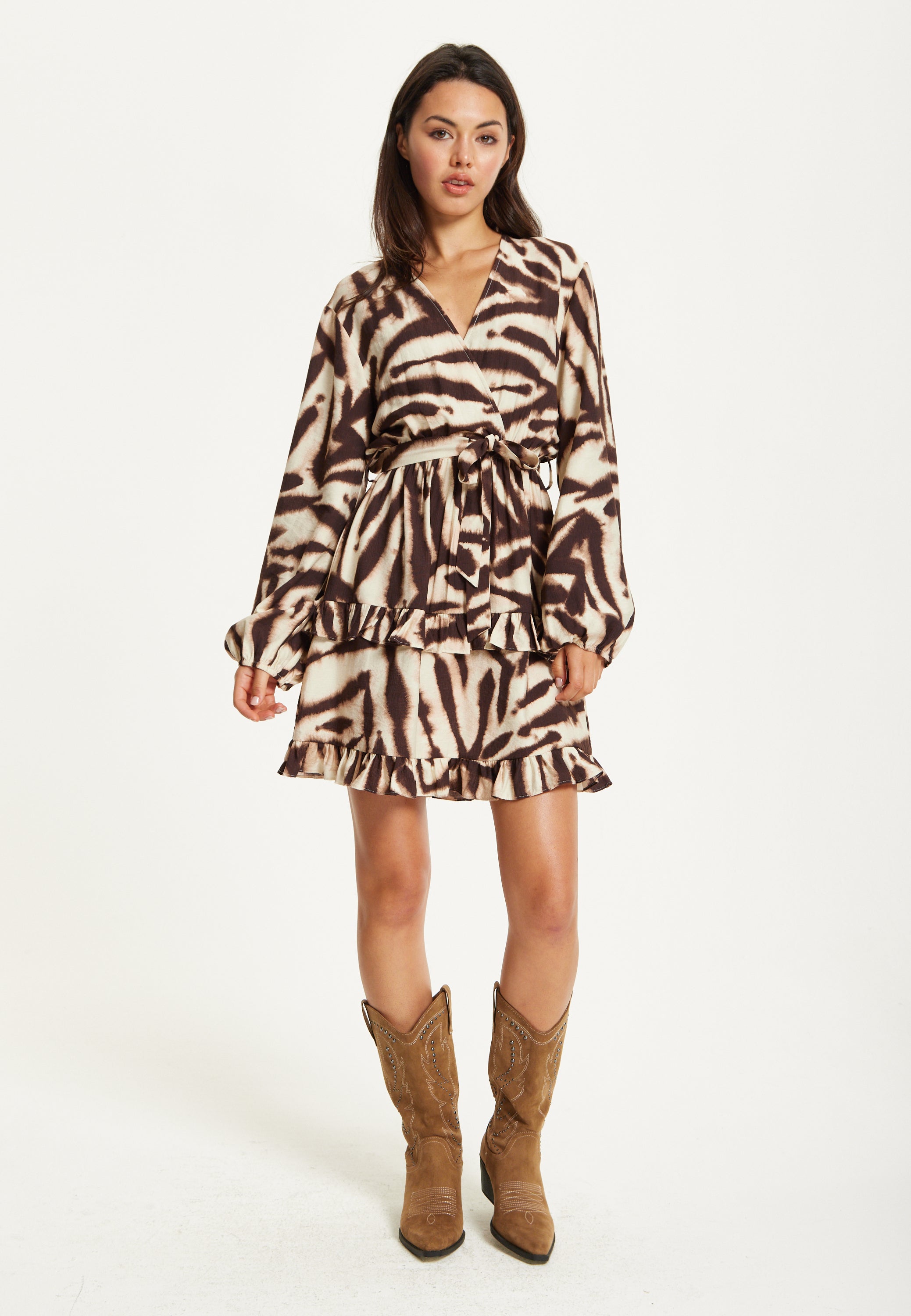 Zebra Print Ruffle Wrap Dress TD25548A037A