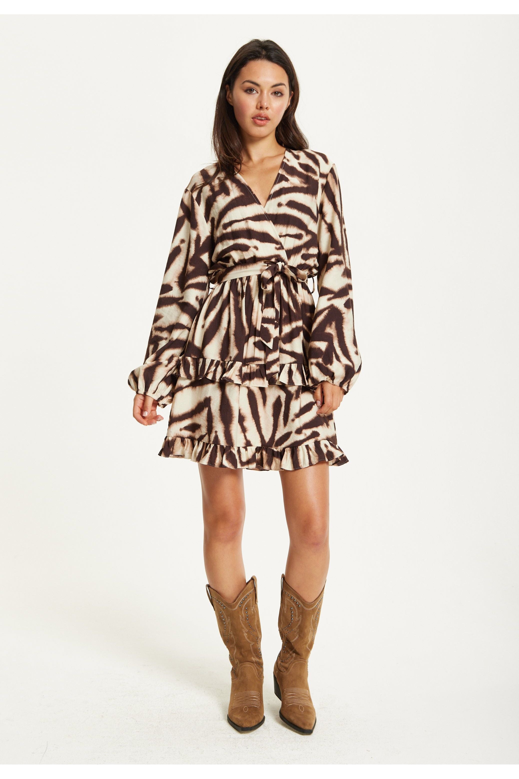 Zebra Print Ruffle Wrap Dress TD25548A037A