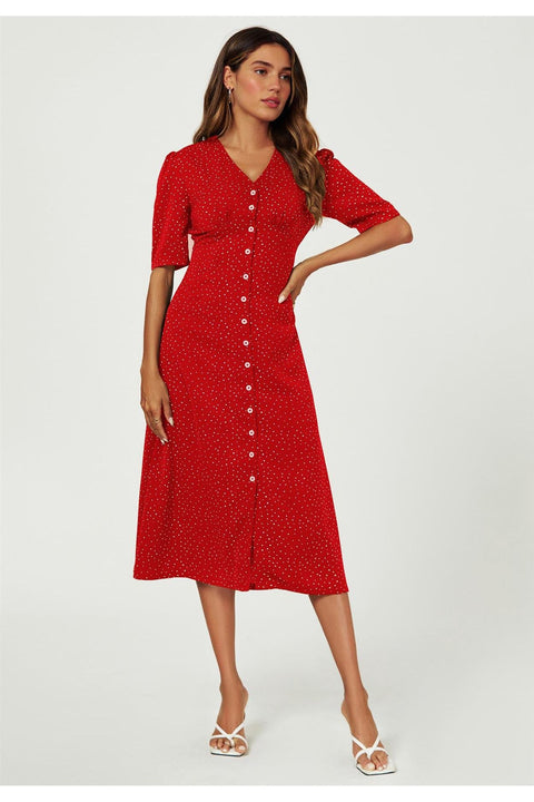 Dot Print Button Front Midi Dress In Red by FS Collection