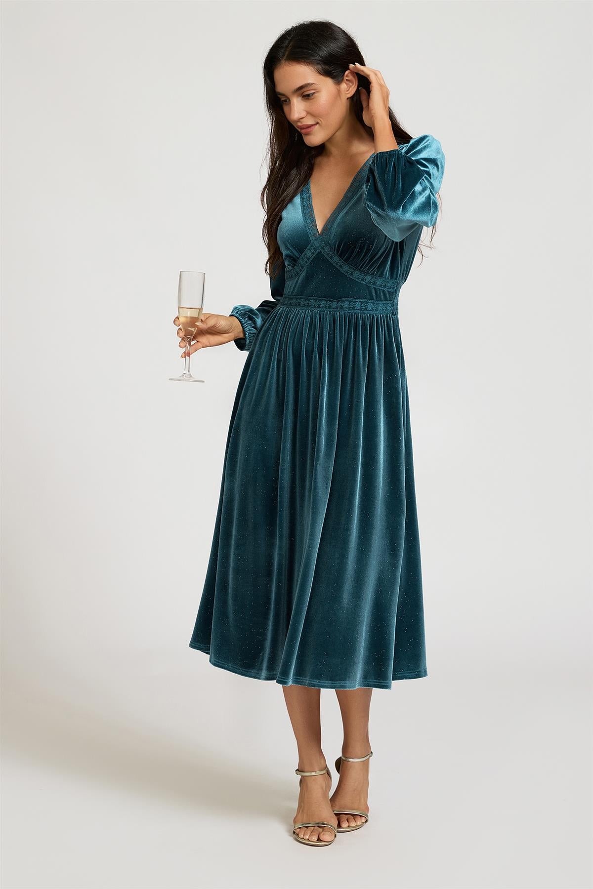 Silver Foil Velvet Lace Trim Neckline Midi Dress In Teal FS906