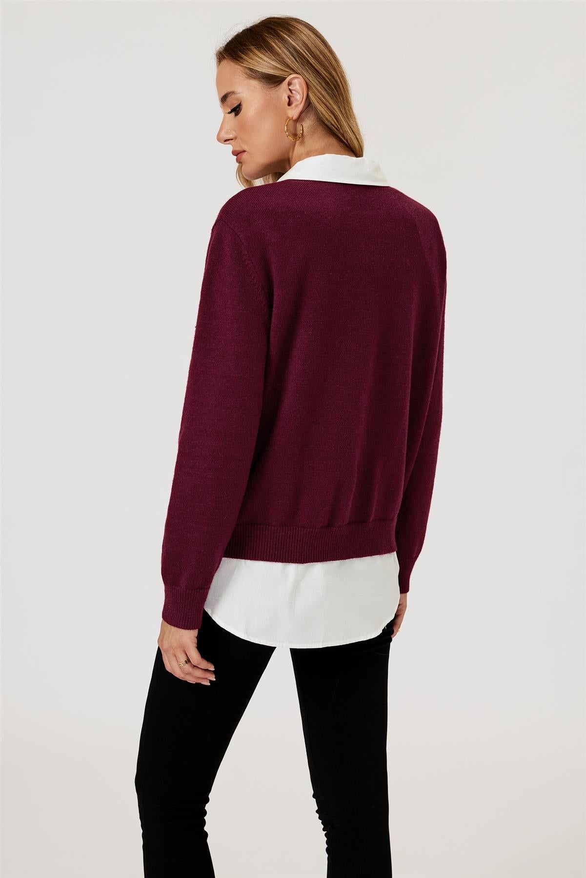 Bowknot Pattern On Shoulder Knit Jumper Top In Wine FS892