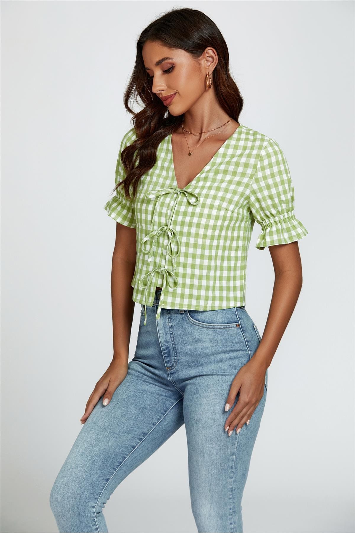 Check Print Tie Front Top In Green FS820-GC
