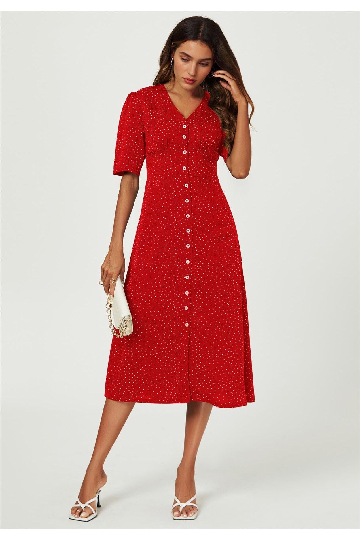 Dot Print Button Front Midi Dress In Red FS707-RedDot