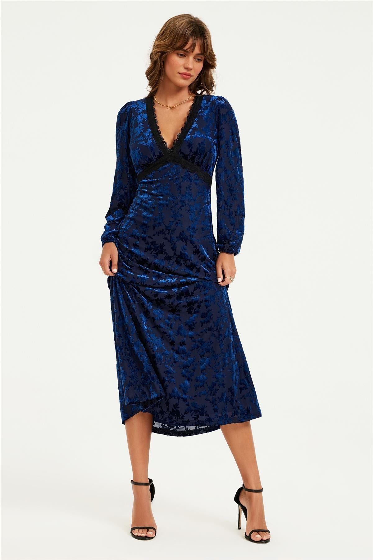 Floral Velvet Devore Lace Trim Neckline Midi Dress In Navy FS903-NVF