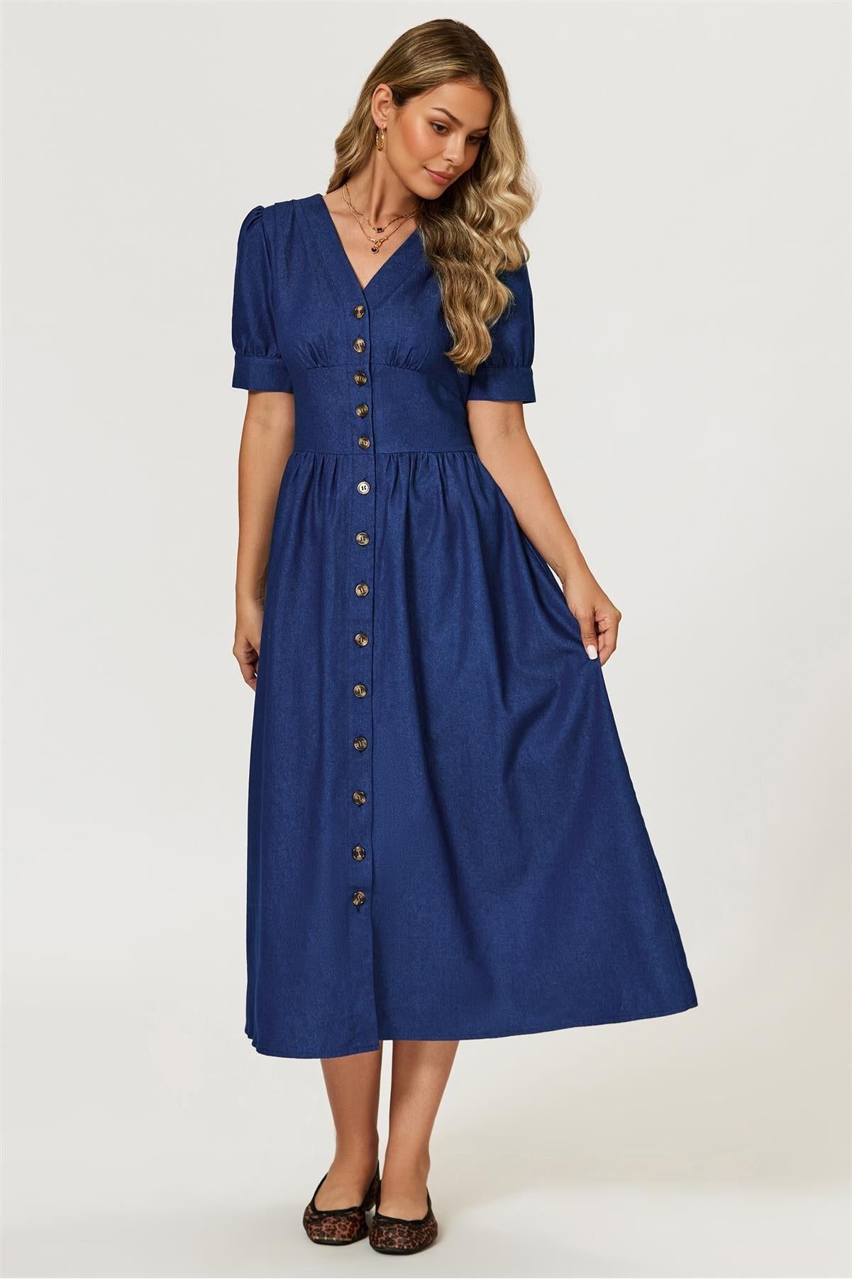 Denim Midi Dress In Blue FS873-Blue
