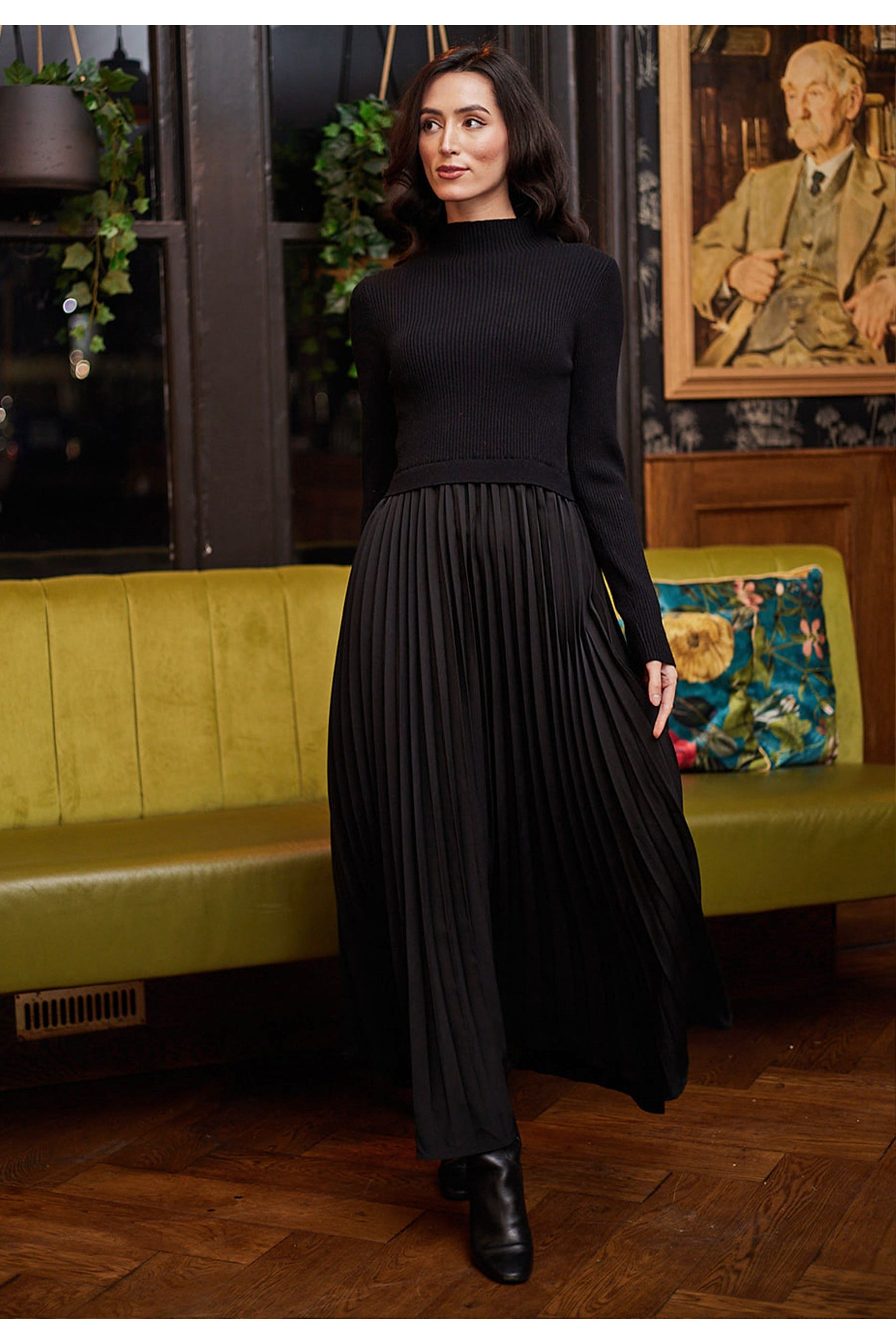 Knit Top And Pleated Skirt Maxi Dress In Black A038679BLKF