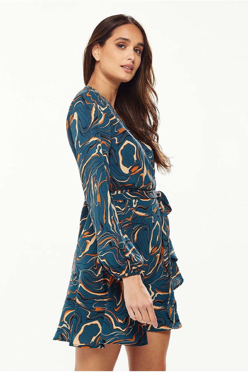 Scribble Print Mini Wrap Dress With Long Sleeves A10-186D-10-1387B-GR
