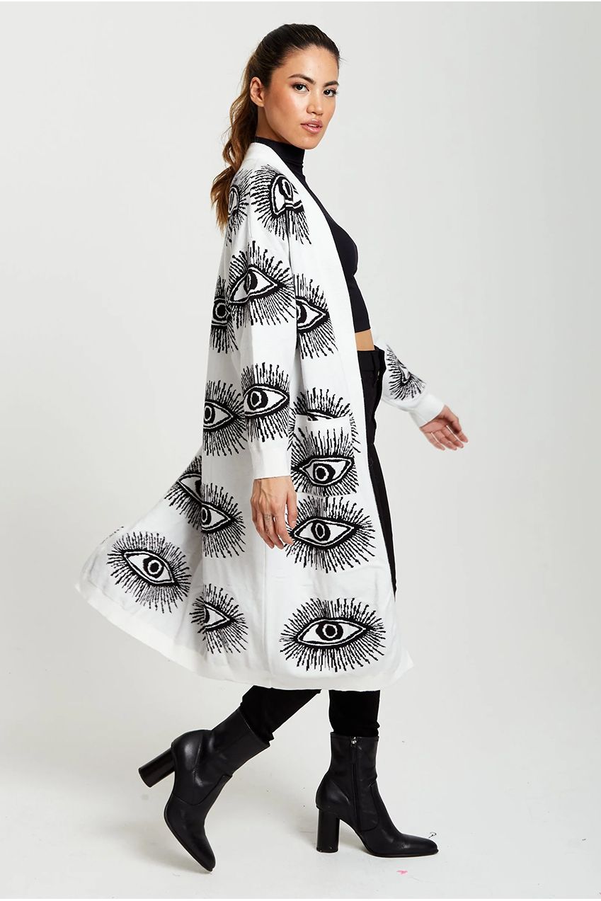 Eye Pattern Longline Cardigan In White A5-127-LIQ23KN002