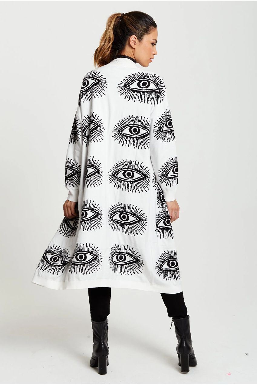 Eye Pattern Longline Cardigan In White A5-127-LIQ23KN002