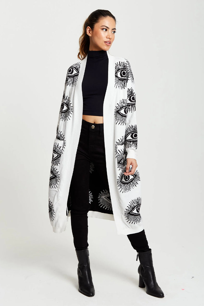 Eye Pattern Longline Cardigan In White A5-127-LIQ23KN002