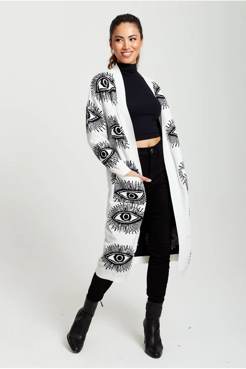 Eye Pattern Longline Cardigan In White A5-127-LIQ23KN002