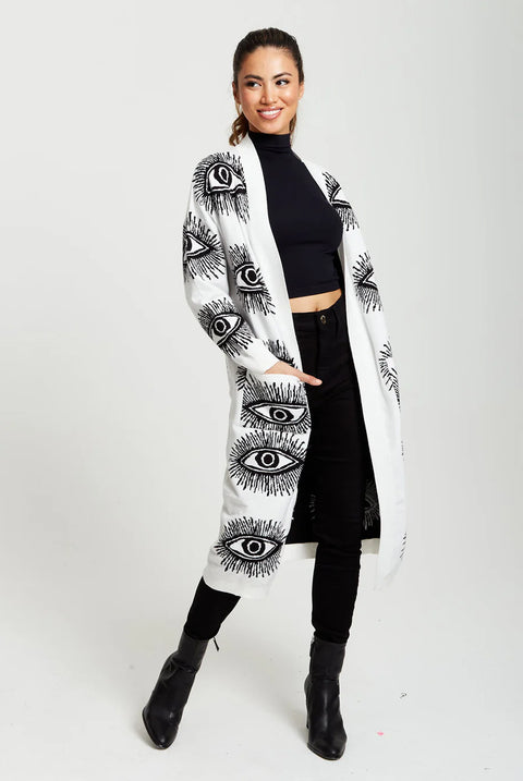 Eye Pattern Longline Cardigan In White by Liquorish