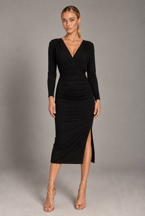 Abbey Black Long Sleeved Midi Dress by Honor Gold
