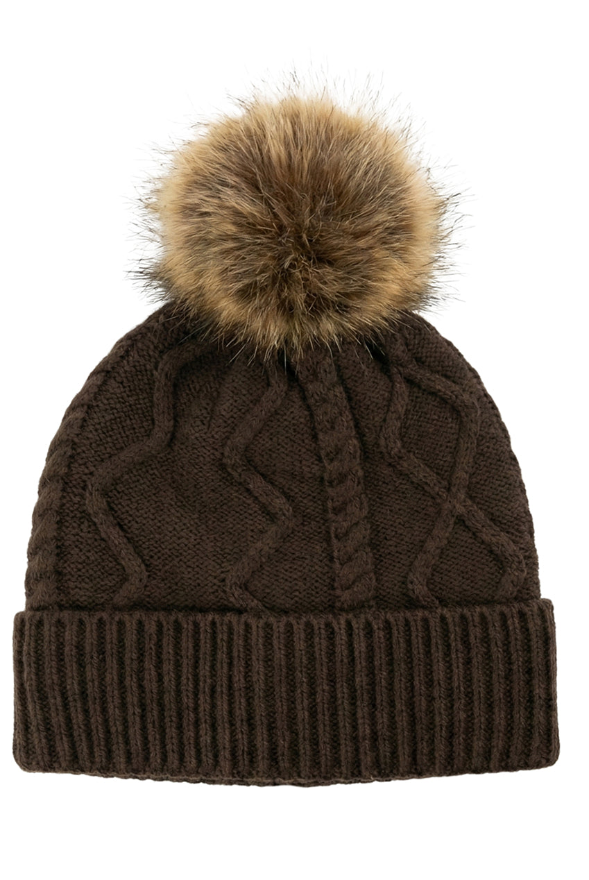 Brown Ladies Cable Knit Pom Beanie Hat AC0011