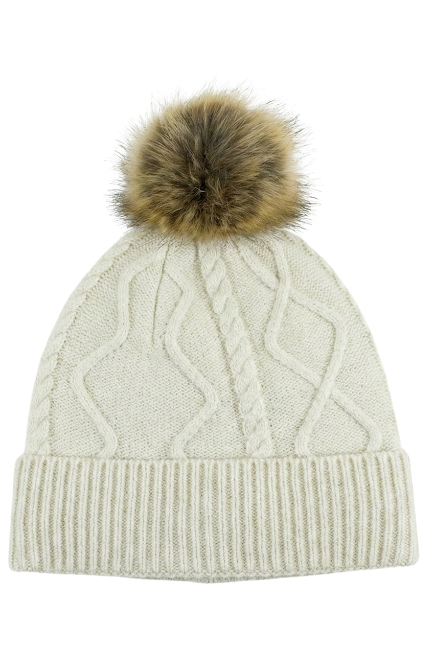 Beige Ladies Cable Knit Pom Beanie Hat AC0011