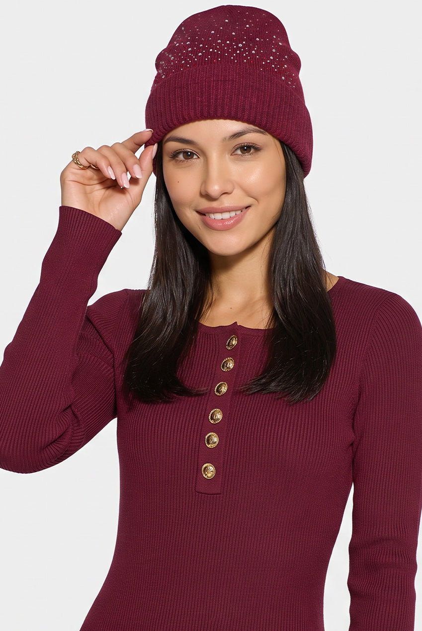 Burgundy Ladies Embellished Beanie Hat AC0014