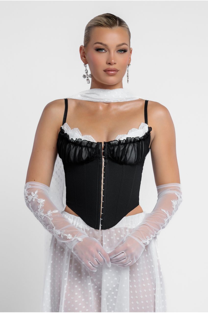 Milk Maid Corset Polka Dobby Chiffon A-Line Maxi Skirt With Scarf & Gloves - Black & Cream LOOK16