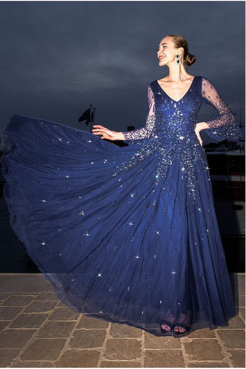 Sunray Hand Embellished Sequin A-Line Bell Sleeve Maxi Dress - Navy Blue by Goddiva