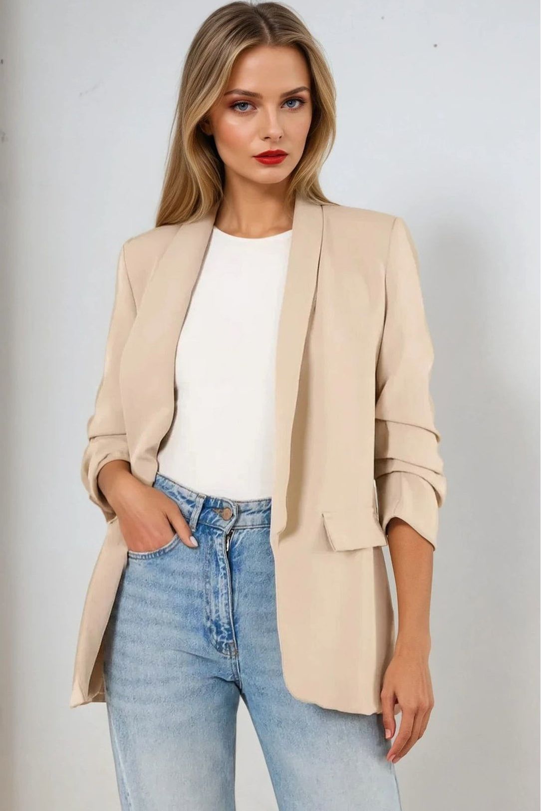 Beige Blazer With Ruched Sleeves AL1497