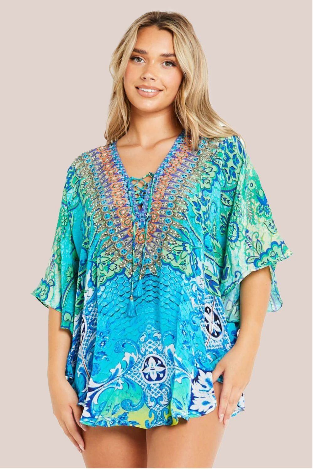 Aqua Blue Floral Short Beach Dress Kaftan AL2439