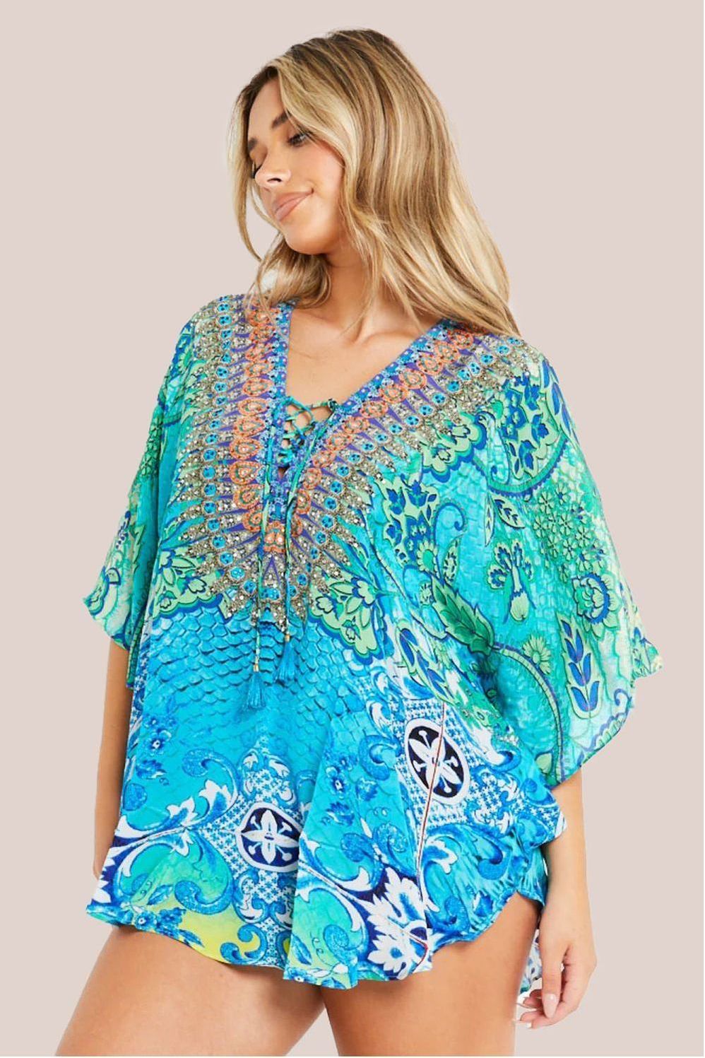 Aqua Blue Floral Short Beach Dress Kaftan AL2439