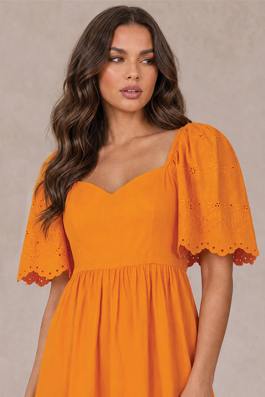 Broderie Anglaise Sleeve Poplin Maxi Dress In Orange AKCCJD01OR