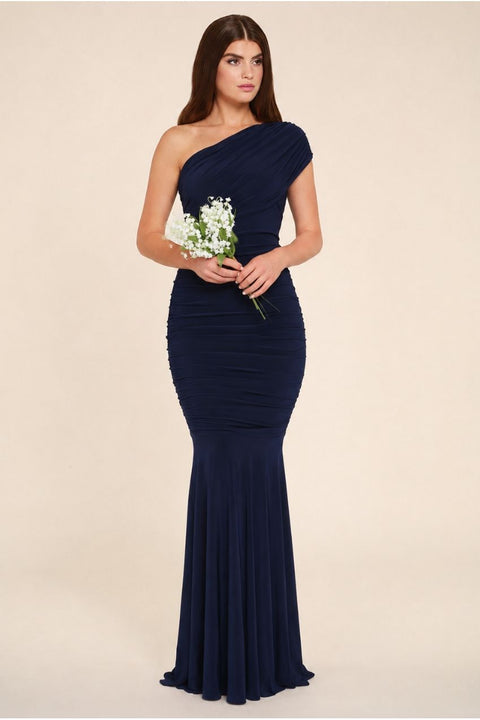 Alice Navy One Shoulder Bridesmaids Occasion Maxi Dress by Honor Gold