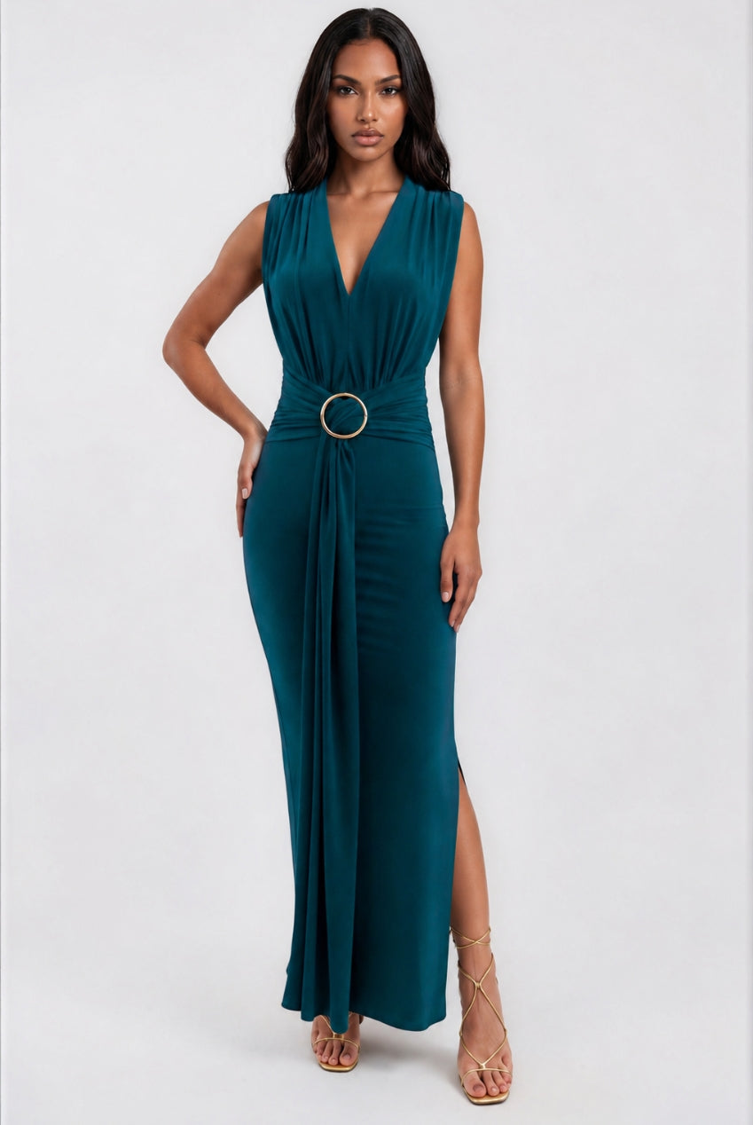 Amor Green V Front Maxi Dress With Front Sash HG-AMORR-DRESS