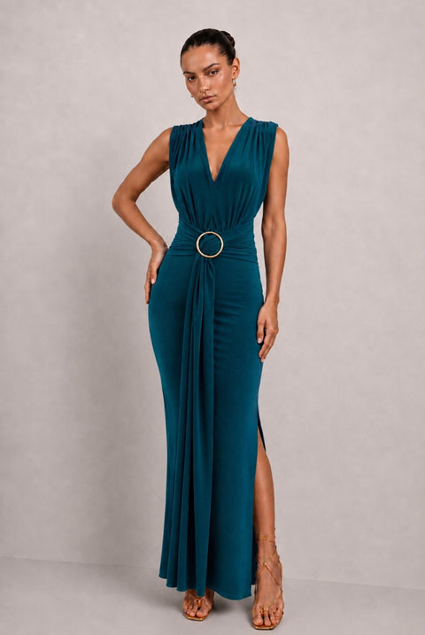 Amor Green V Front Maxi Dress With Front Sash by Honor Gold