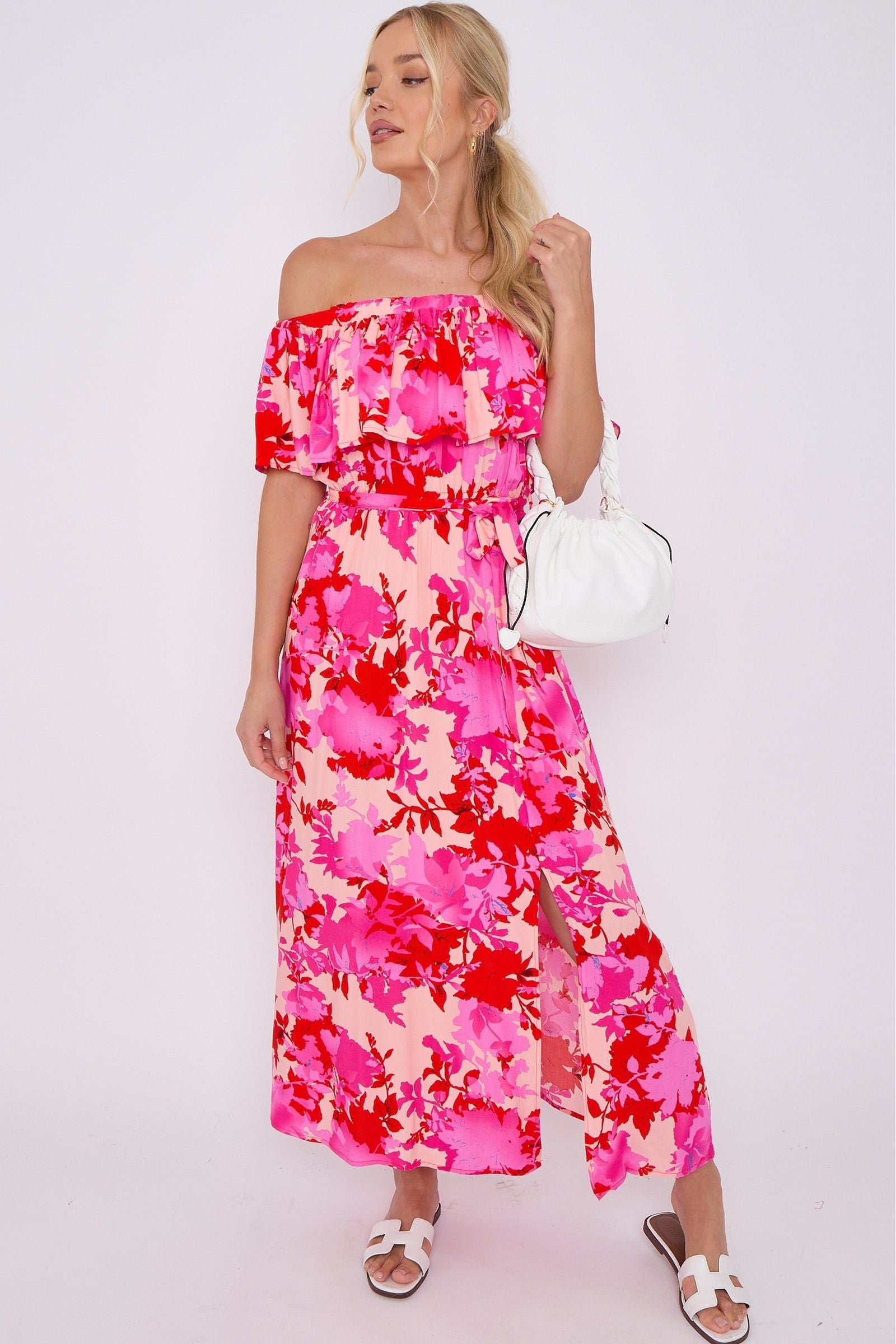 Fuchsia Floral Print Bardot Maxi Dress LS-2411-KB5