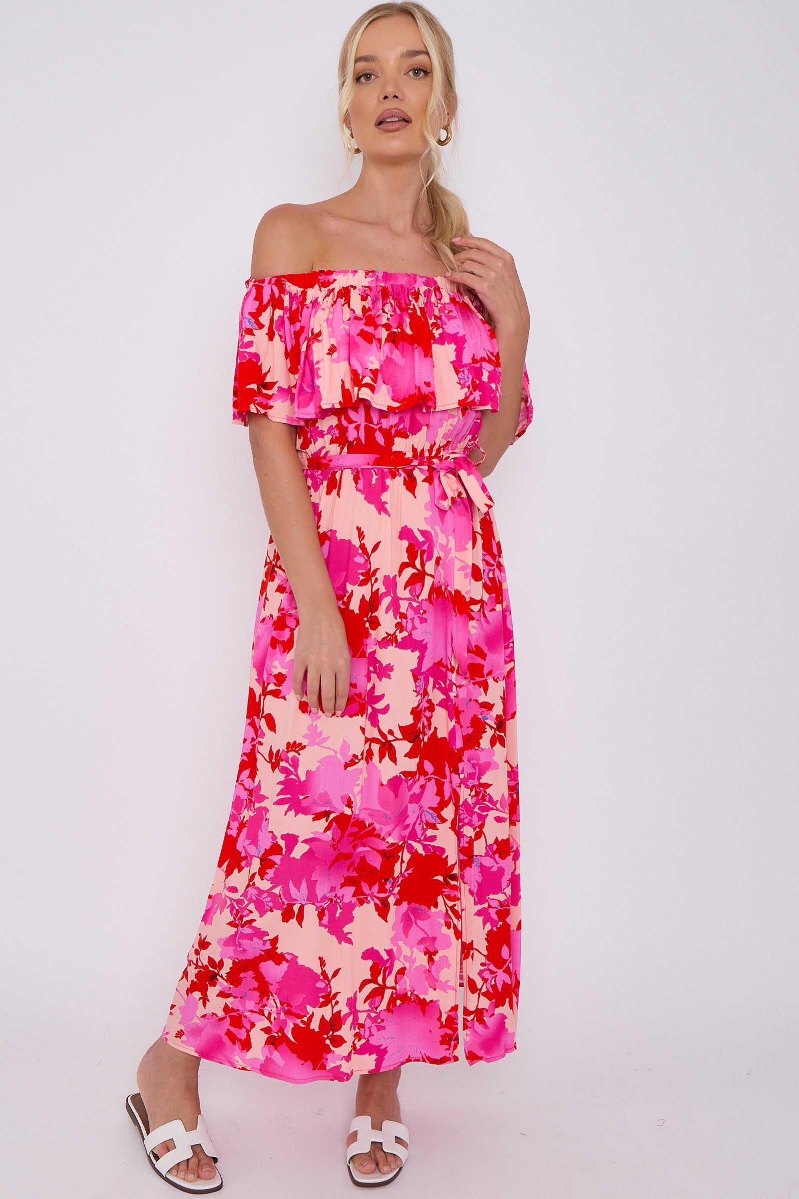 Fuchsia Floral Print Bardot Maxi Dress LS-2411-KB5