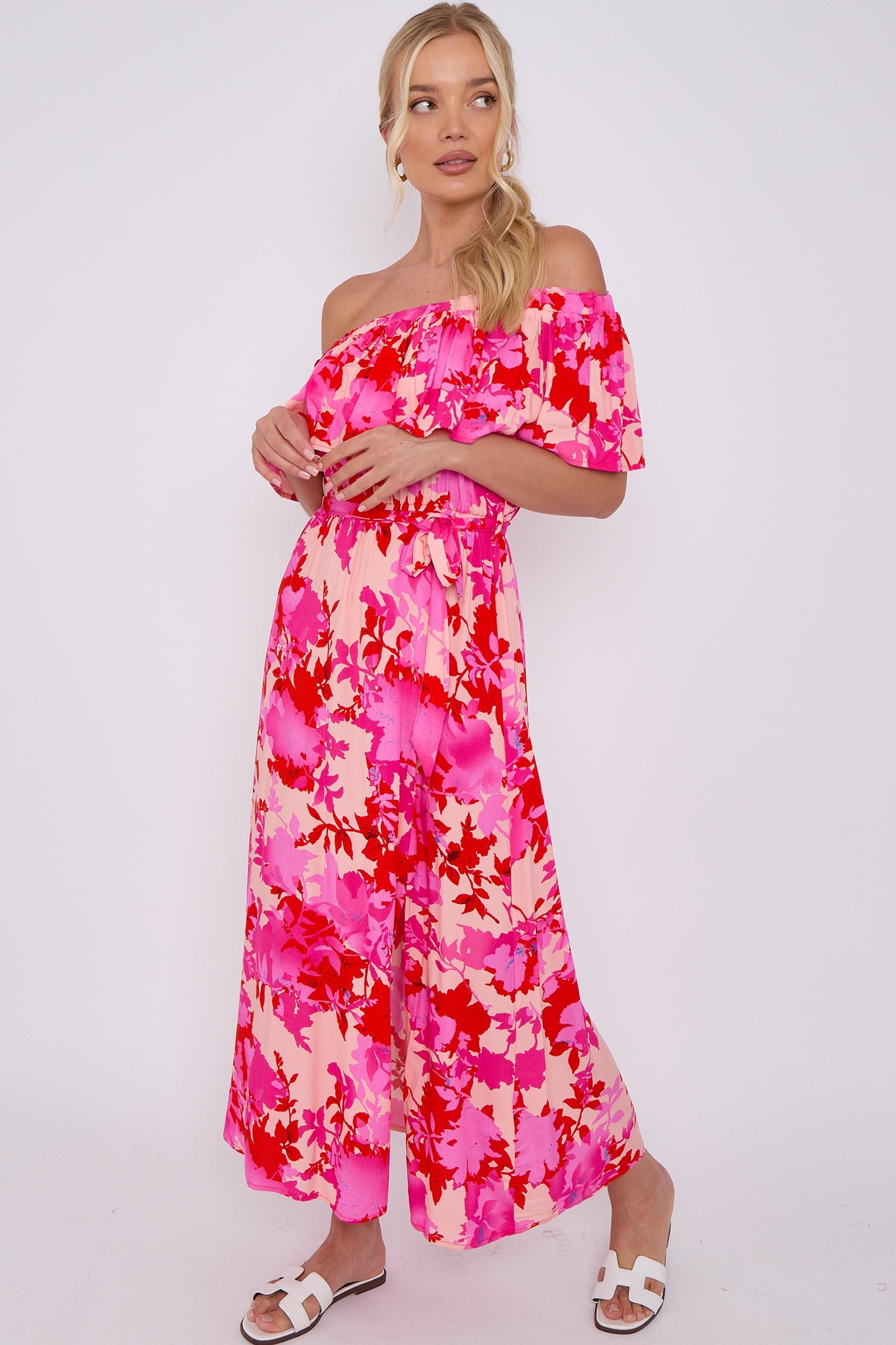 Fuchsia Floral Print Bardot Maxi Dress LS-2411-KB5