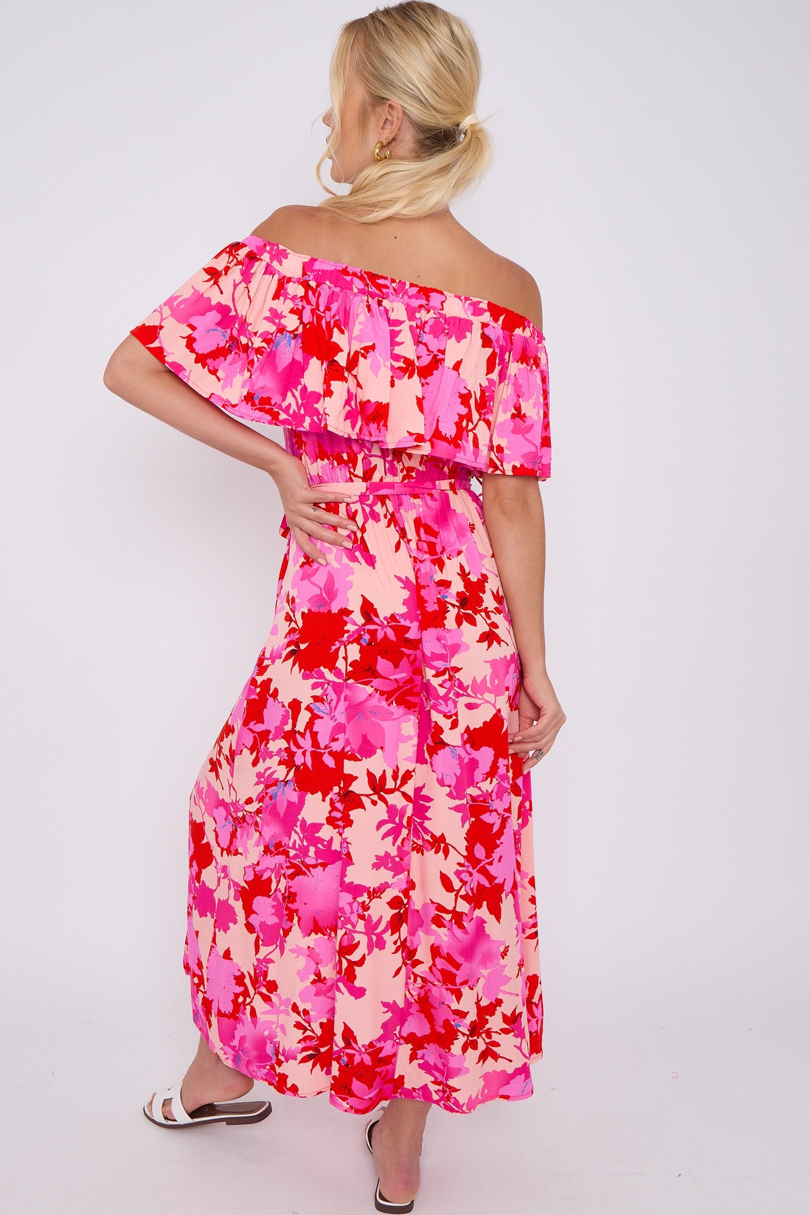 Fuchsia Floral Print Bardot Maxi Dress LS-2411-KB5