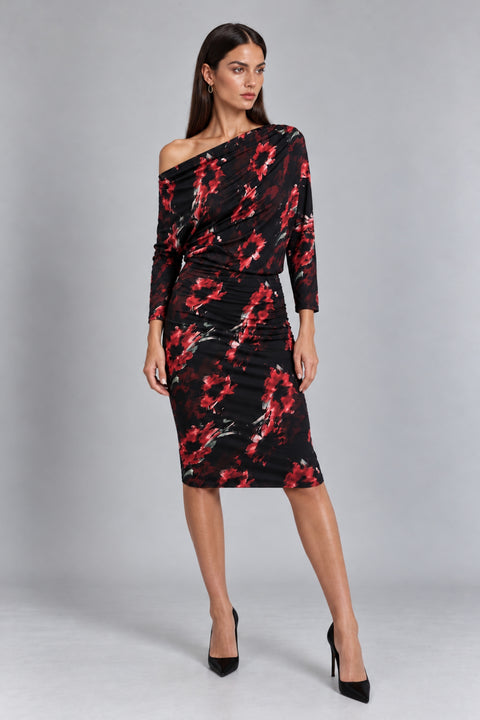Aubrey Black Red Bardot Batwing Floral Midi Dress by Honor Gold