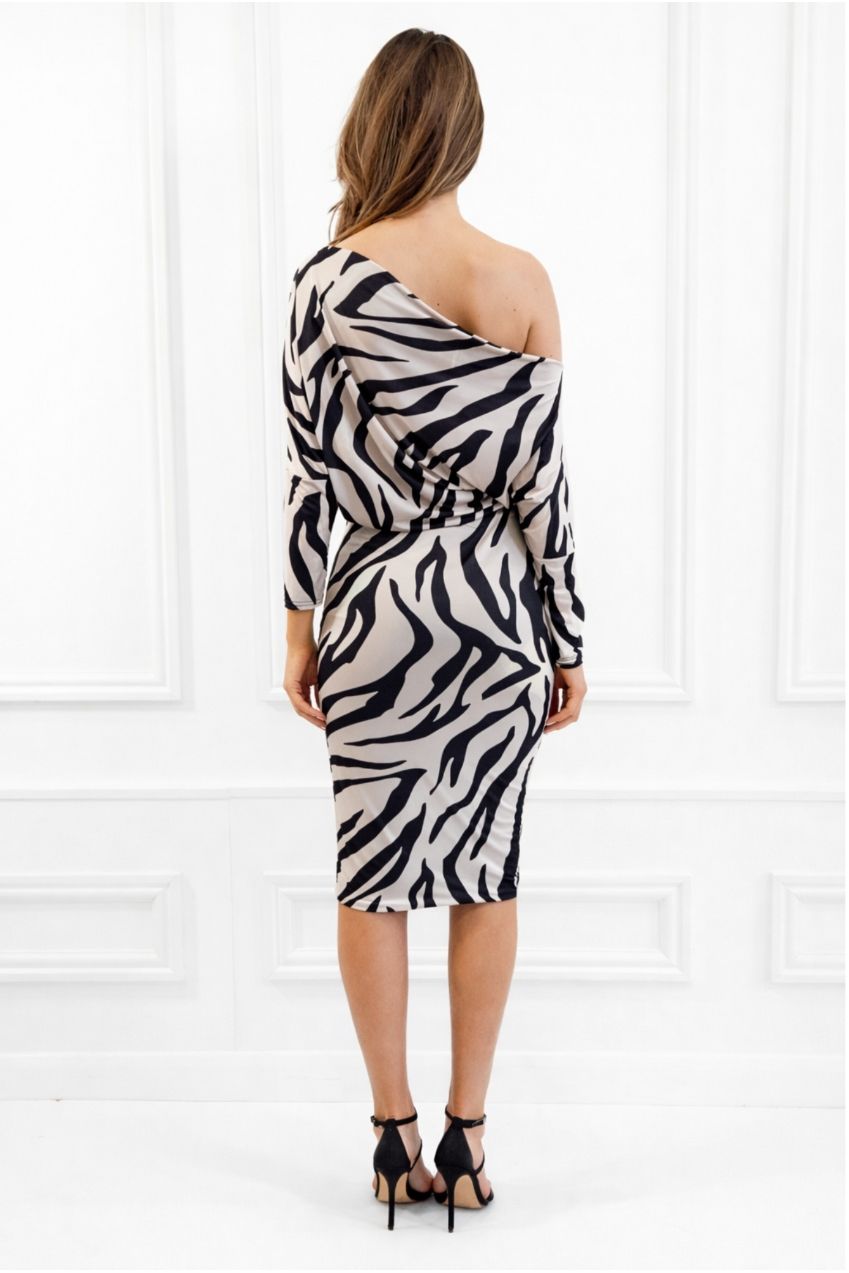 Aubrey Zebra Animal Print Batwing Off The Shoulder Midi Dress AUBREY-ZEBRA-MIDI