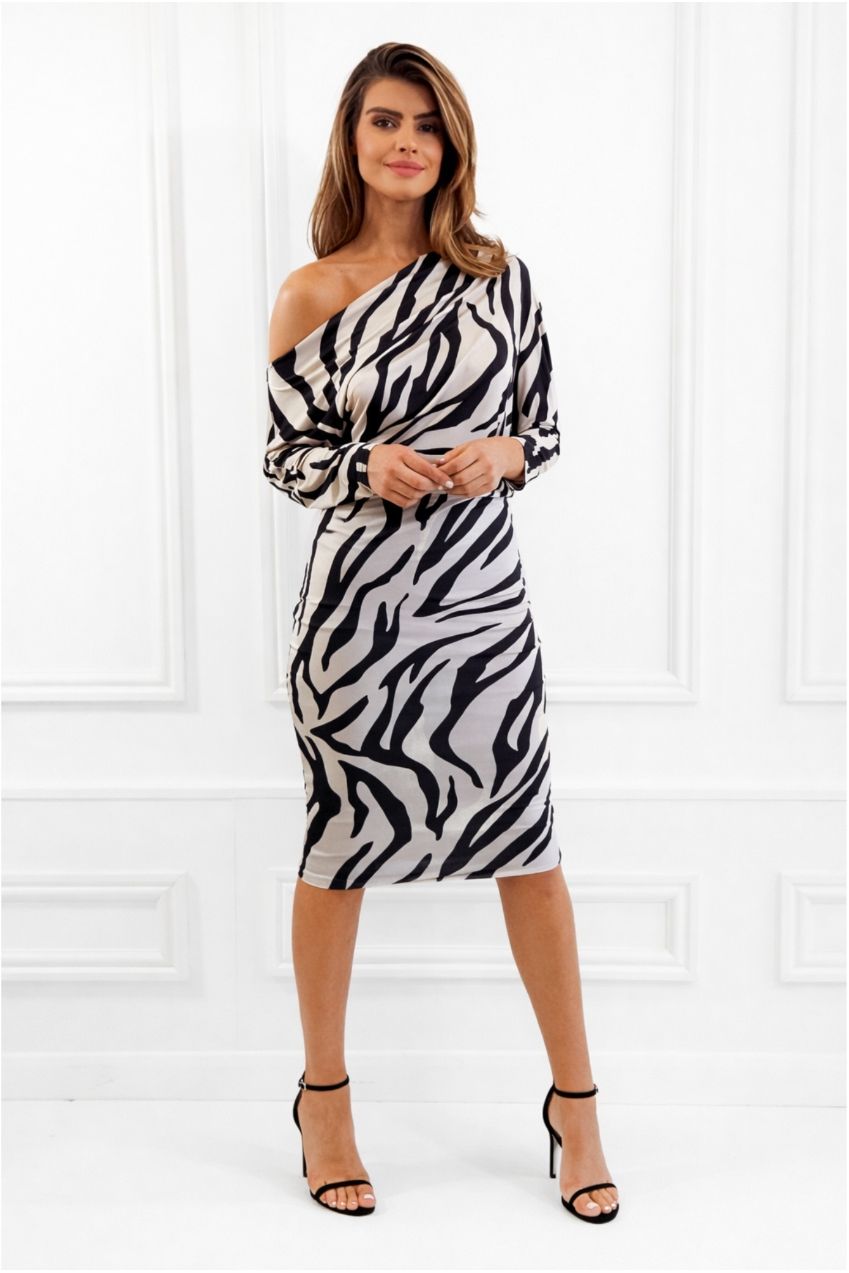 Aubrey Zebra Animal Print Batwing Off The Shoulder Midi Dress AUBREY-ZEBRA-MIDI