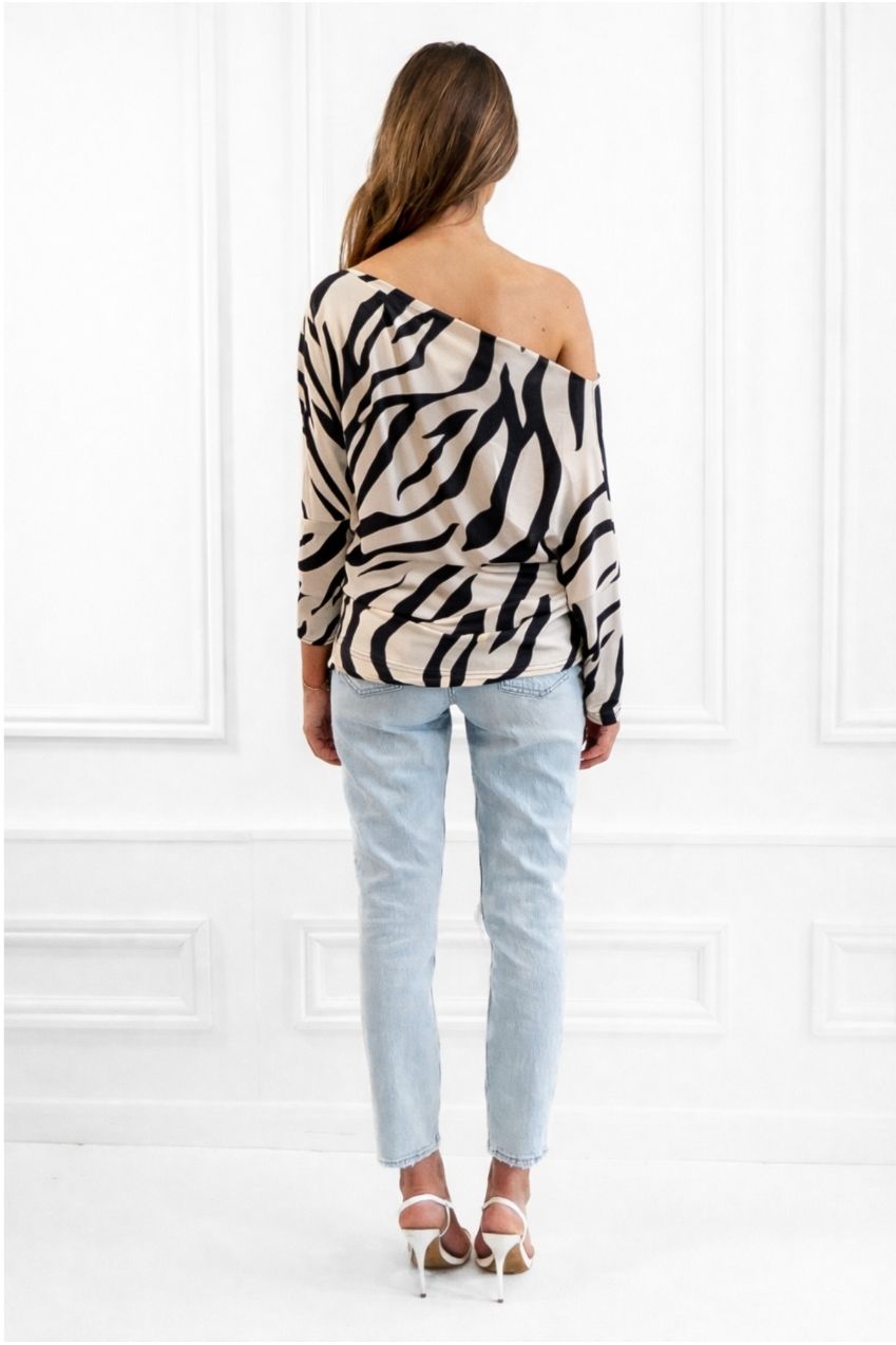 Aubrey Zebra Animal Print Batwing Off The Shoulder Top AUBREY-ZEBRA-BATWING-TOP