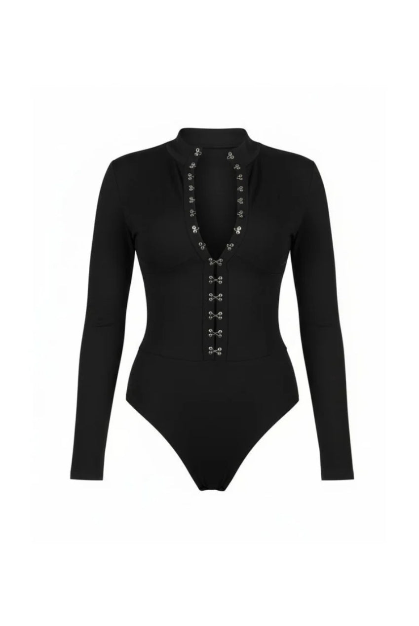 Black High Neck Long Sleeve Hook And Eye Bodysuit AV-63003BLK
