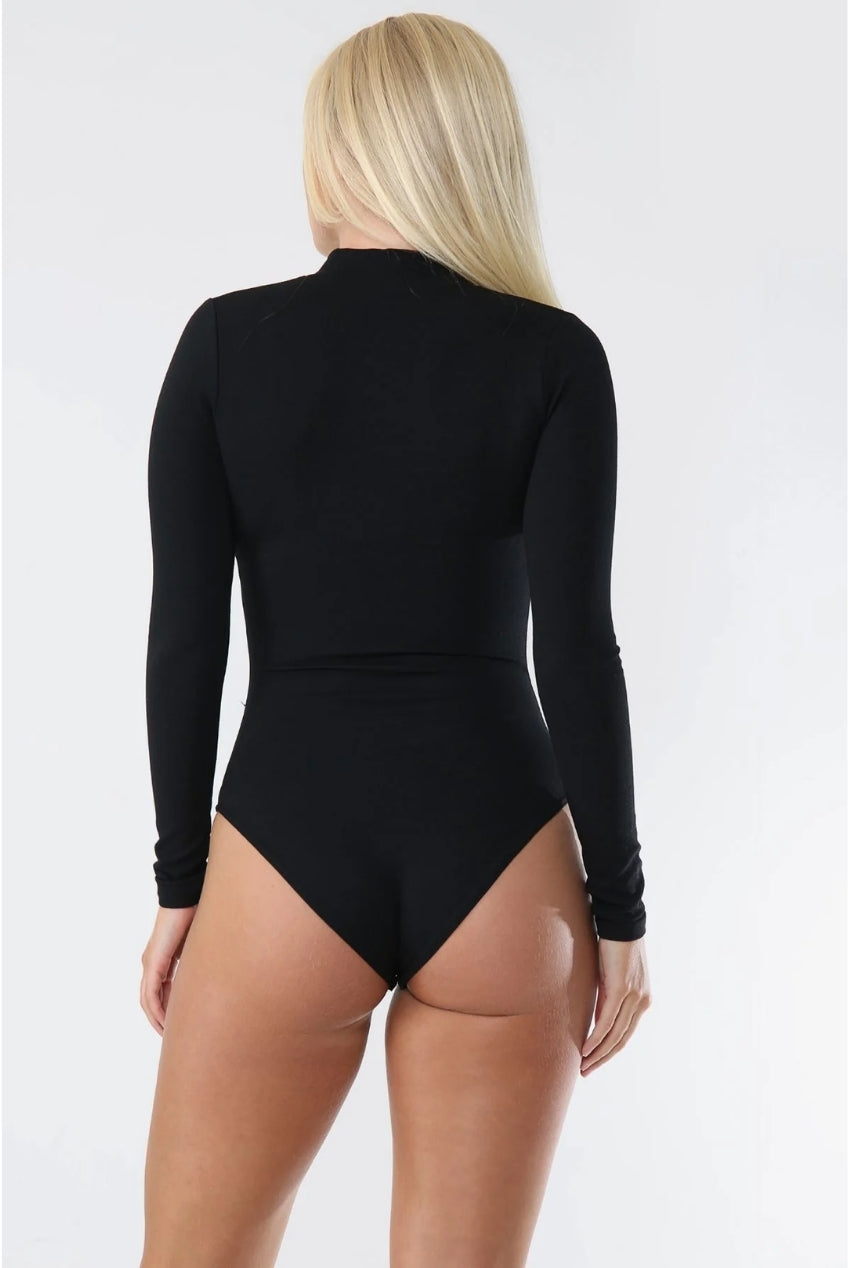 Black High Neck Long Sleeve Hook And Eye Bodysuit AV-63003BLK